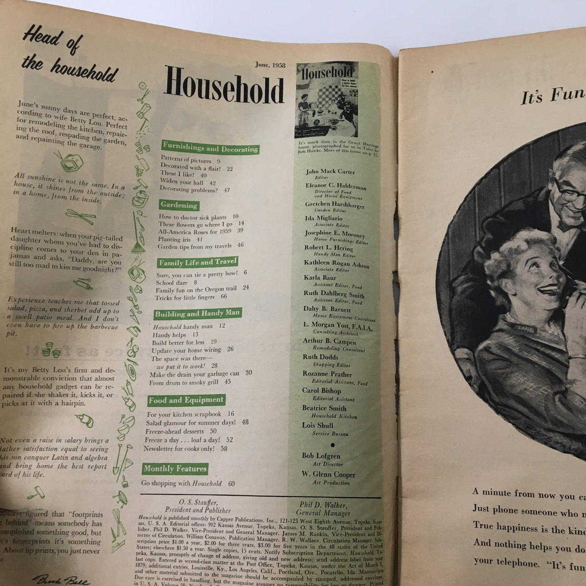 Interior pages of the VTG Household Magazine June 1958, showcasing the contents list including articles on gardening, home improvement, and practical tips for family life, alongside vintage illustrations and advertisements.