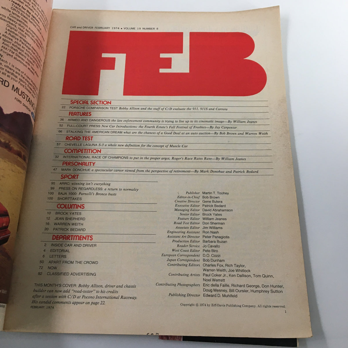 Table of contents page from the February 1974 issue of Car and Driver magazine, detailing articles including Bobby Allison's Porsche comparison test and various automotive features.