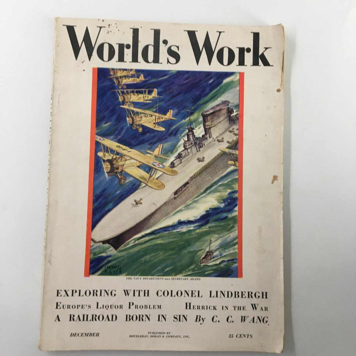Cover of VTG World's Work Magazine December 1929 showcasing the title and vibrant illustration featuring airplanes and a battleship, centered around exploring with Col. Lindbergh.