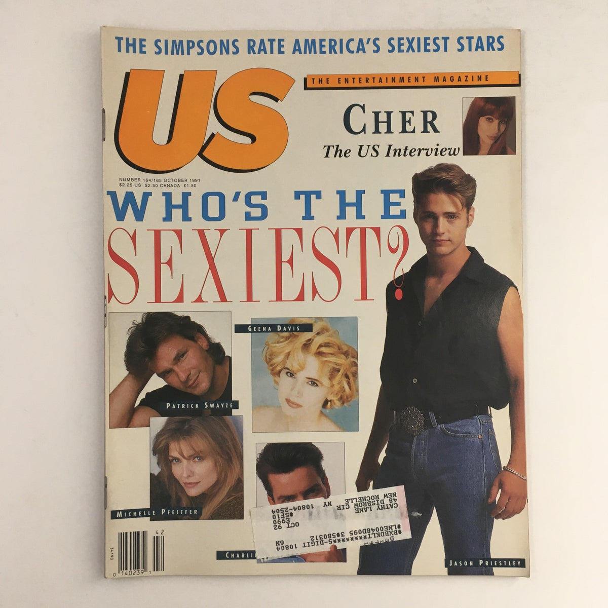 Cover of US Magazine #164 from October 1991 featuring Cher, Patrick Swayze, Jason Priestley, and other stars. The headline reads 'Who's The Sexiest?' highlighting iconic entertainment personalities.
