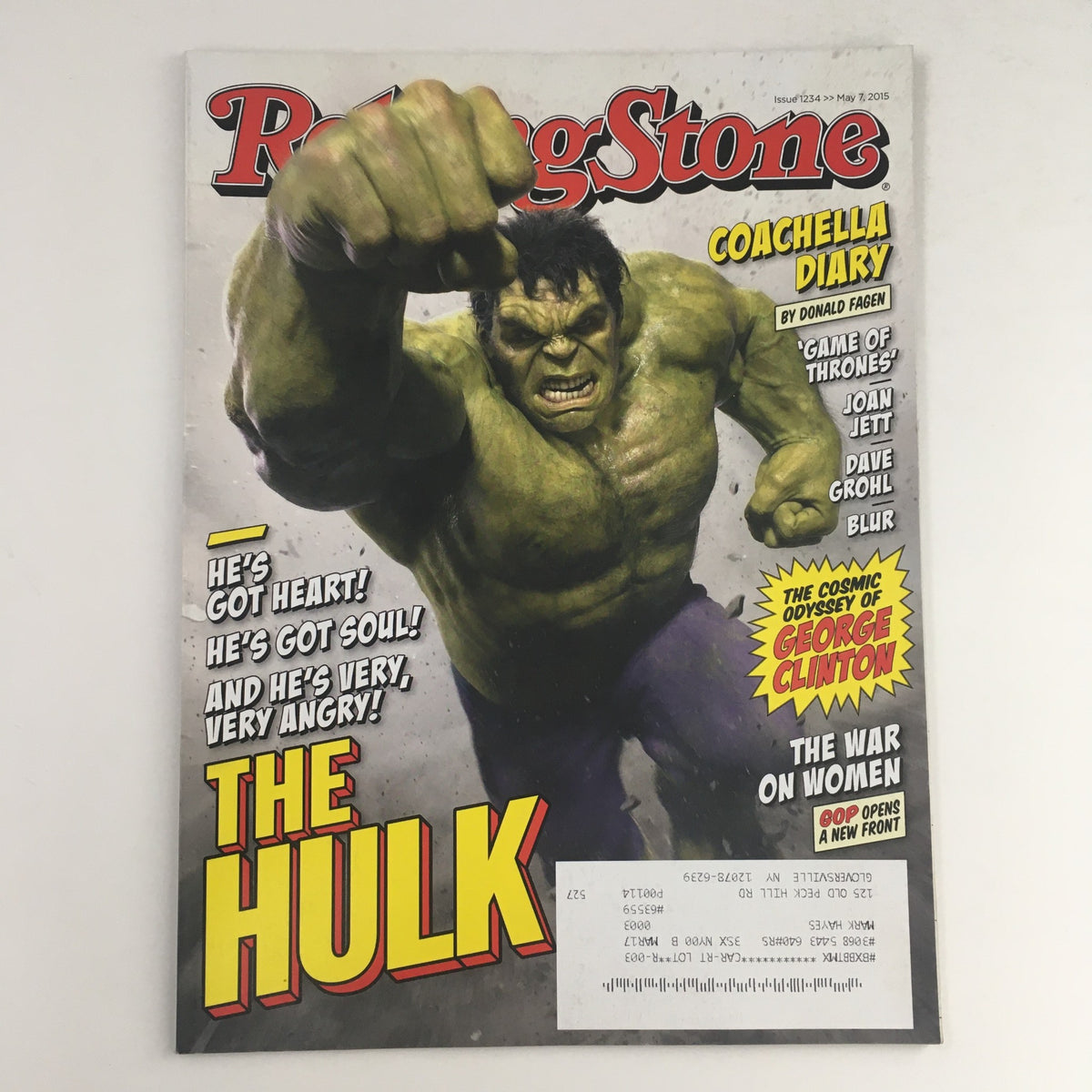 Cover of Rolling Stone Magazine May 7, 2015 featuring The Hulk, George Clinton, and Joan Jett. The Hulk appears prominently with powerfully illustrated features, showcasing themes of pop culture and music.