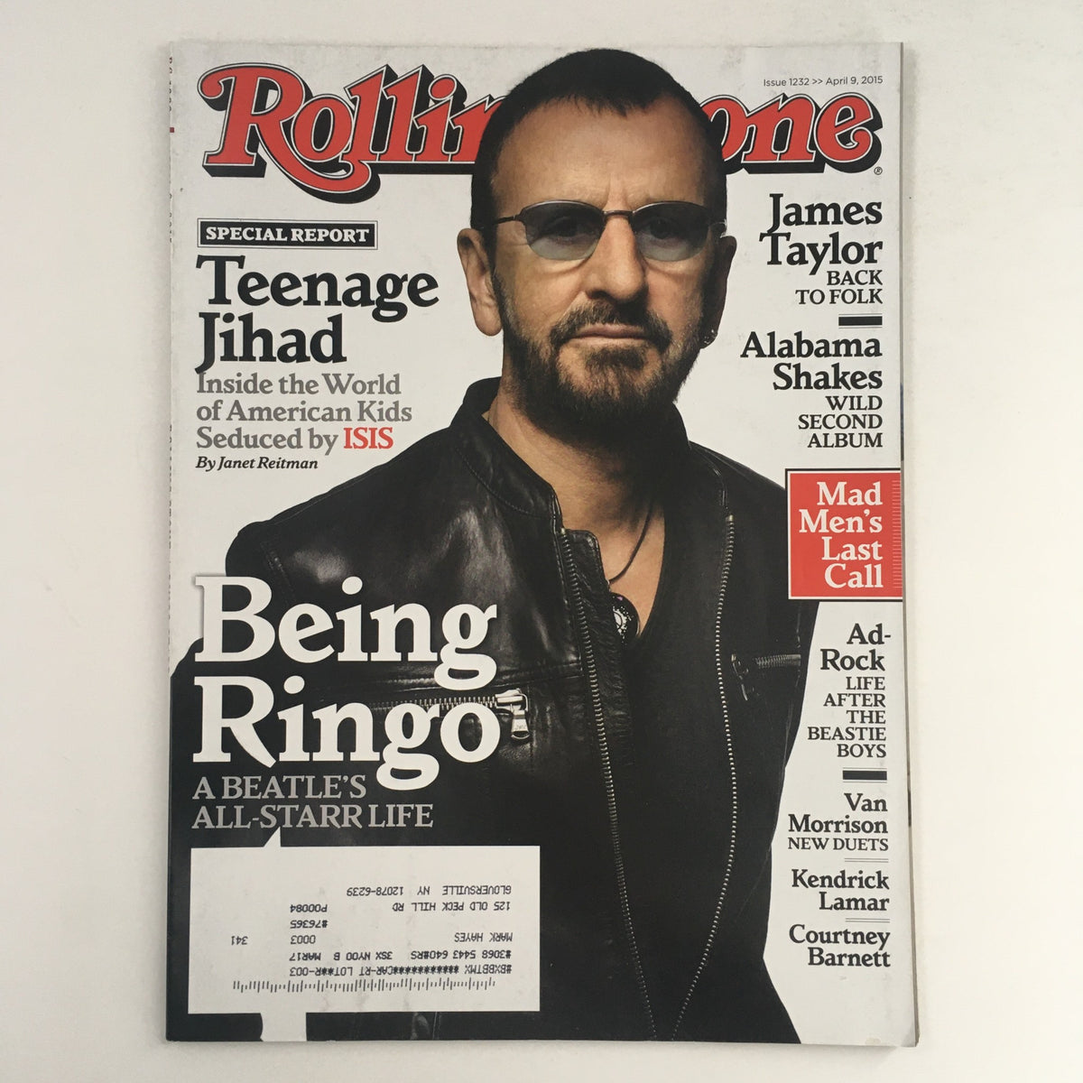 Rolling Stone Magazine cover from April 9, 2015, featuring Ringo Starr along with highlights of articles on James Taylor and Kendrick Lamar, showcasing a special report on topics such as the impact of musicians and music culture.