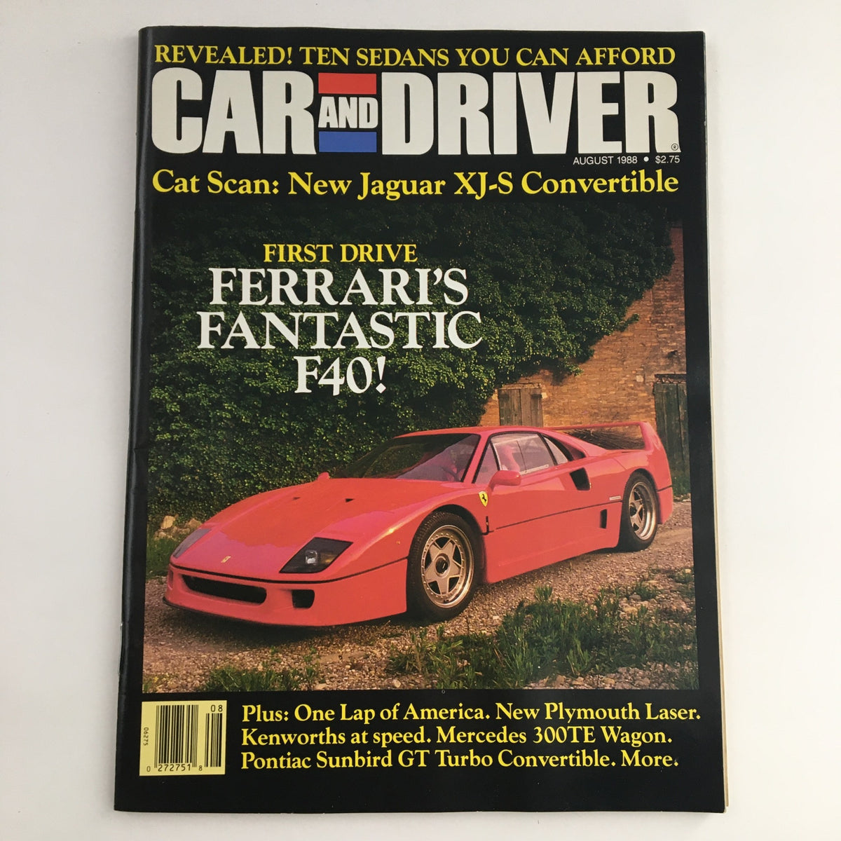 Cover of Car and Driver Magazine August 1988 featuring Ferrari's F40 with the headline 'First Drive'. Vintage automotive magazine showcasing iconic car reviews.