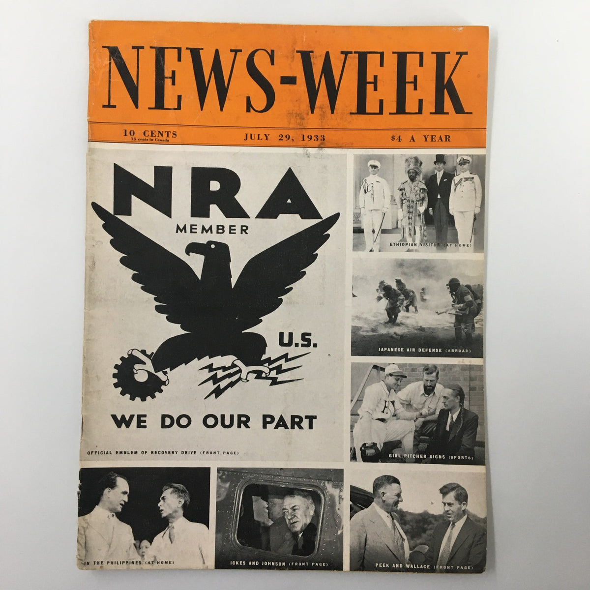 VTG NewsWeek Magazine July 29 1933 cover featuring the NRA emblem, notable figures including Ickes, Johnson, Peek, and Wallace, with a striking vintage design reflecting historical significance.