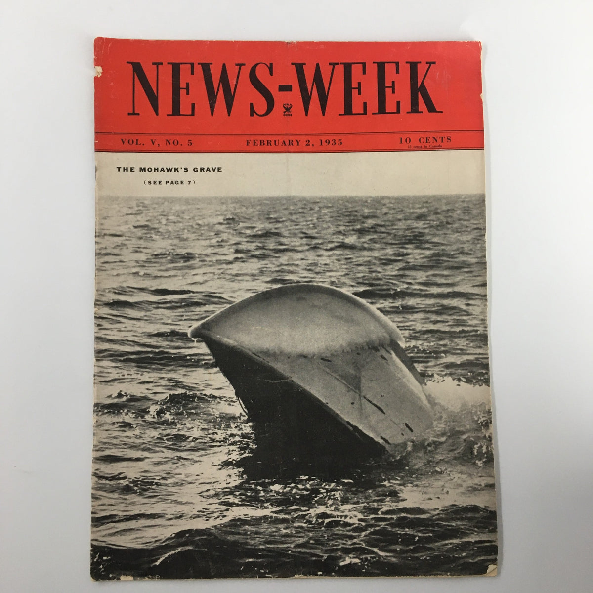 VTG News-Week Magazine February 2 1935 Vol. V No. 5 featuring the cover story 'The Mohawk's Grave', showcasing a boat on water with a vintage design.