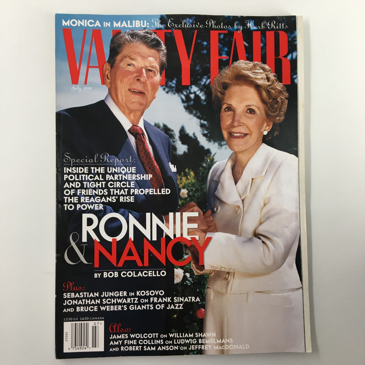 Cover of Vanity Fair Magazine July 1998 featuring Ronnie and Nancy Reagan, photographed by Bob Colacello, highlighting their influence in American politics.