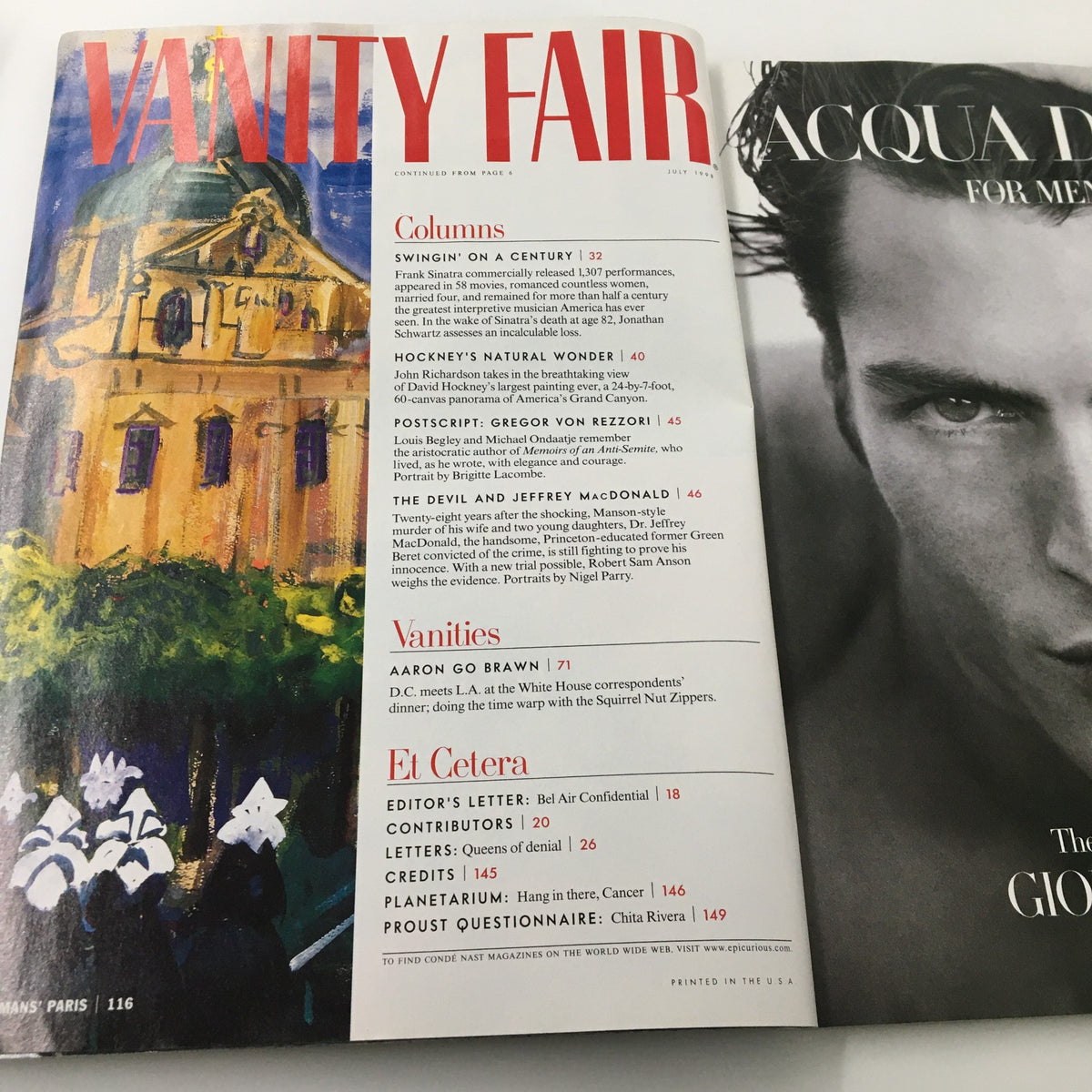 Interior pages of Vanity Fair Magazine July 1998 showcasing articles and columns, reflecting the magazine's cultural relevance during the Reagan era.