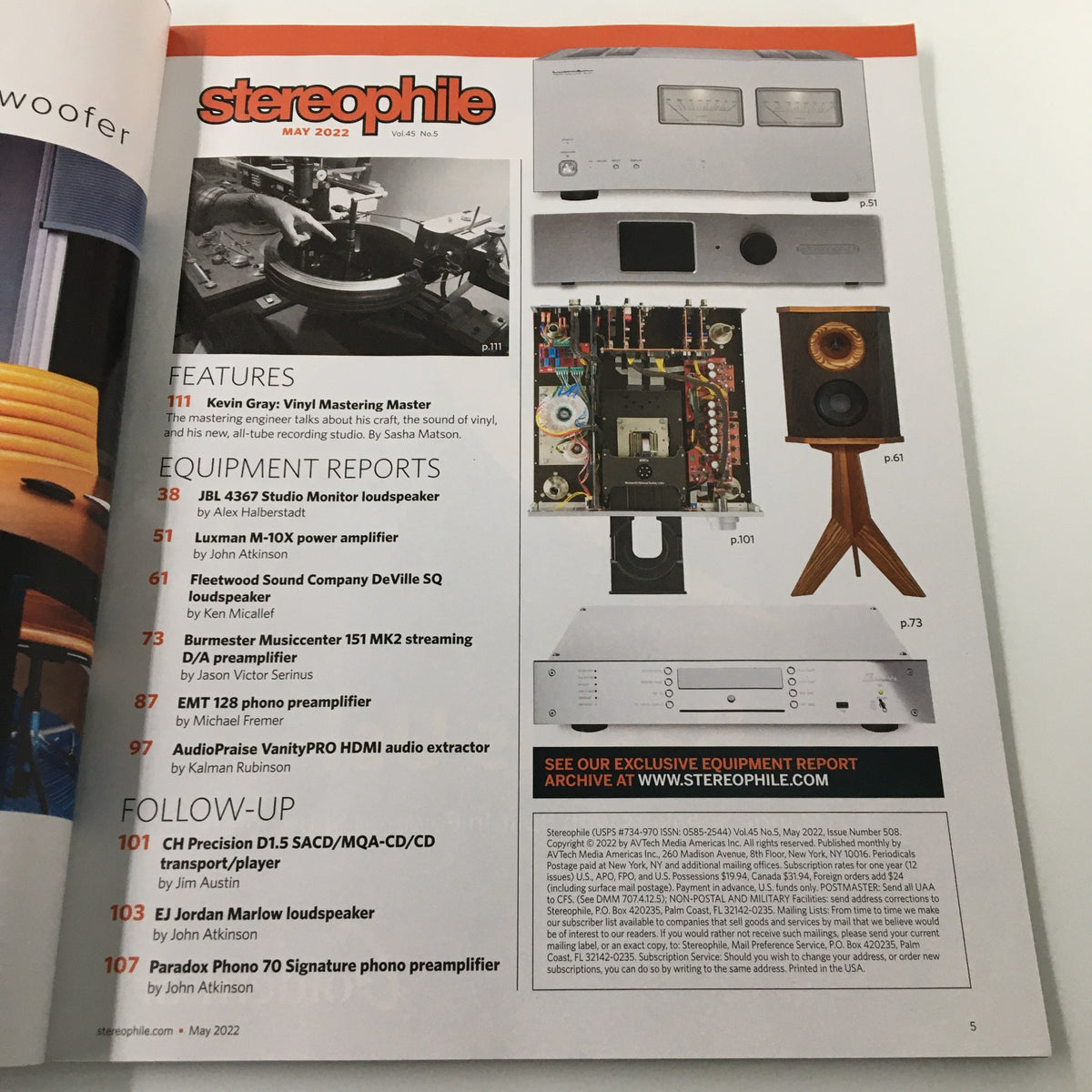 Inside view of Stereophile Magazine May 2022 showcasing features, including 'Paradox Phone 70 Signature Phono Preamp No Label' and other equipment reports.