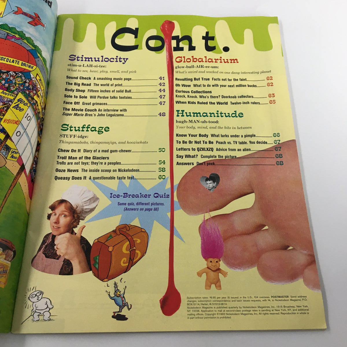 Interior page of Nickelodeon Magazine Summer 1993 with contents listing including sections on Stimuloctity, Stuffage, and Humanitude, highlighting fun activities and articles related to Ren and Stimpy.