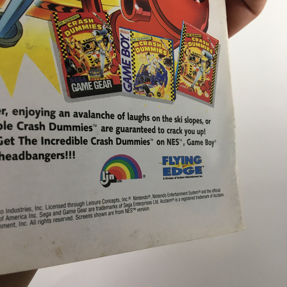 Back cover of Nickelodeon Magazine Summer 1993 highlighting advertisements for video games, including The Incredible Crash Dummies, appealing to fans of 90s pop culture.