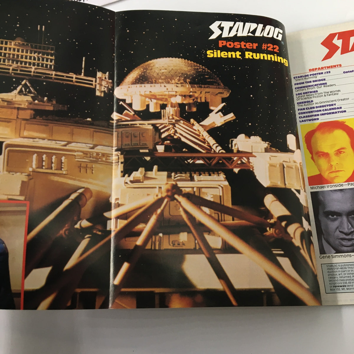 Spread of Starlog Magazine January 1985 Issue #90 featuring Poster #22 Silent Running, with a scenic view of a futuristic spacecraft in space.