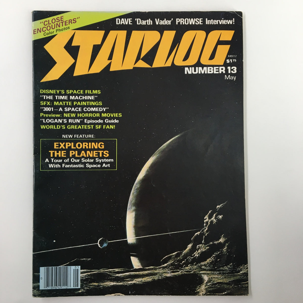 VTG Starlog Magazine May 1978 #13 cover featuring planetary exploration topics, including an interview with Dave 'Darth Vader' Prowse, and highlighting Disney's space films and a feature on 'Exploring The Planets'.