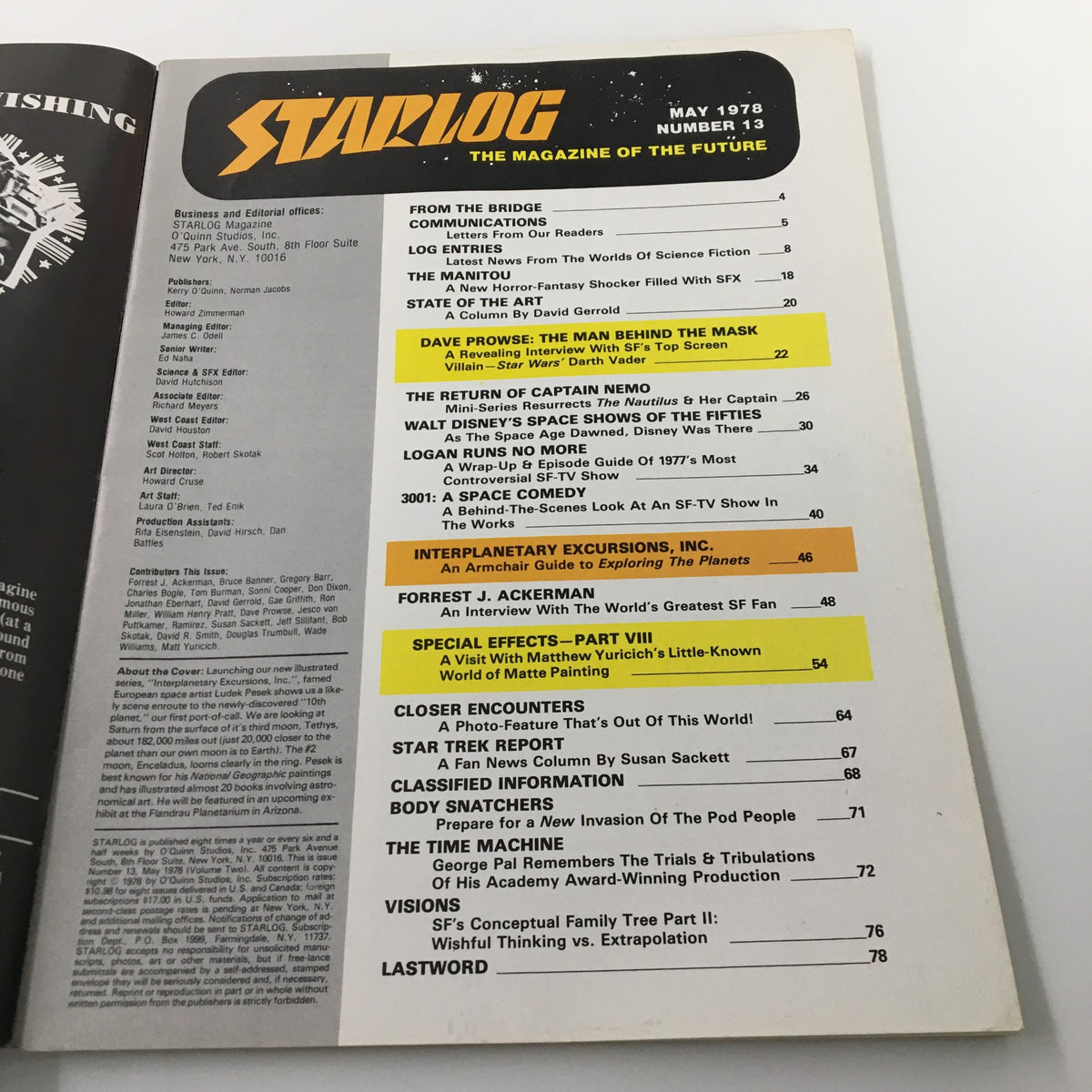 Inside page of VTG Starlog Magazine May 1978 #13 displaying the table of contents with featured articles such as 'Dave Prowse: The Man Behind the Mask' and 'Exploring The Planets' section.