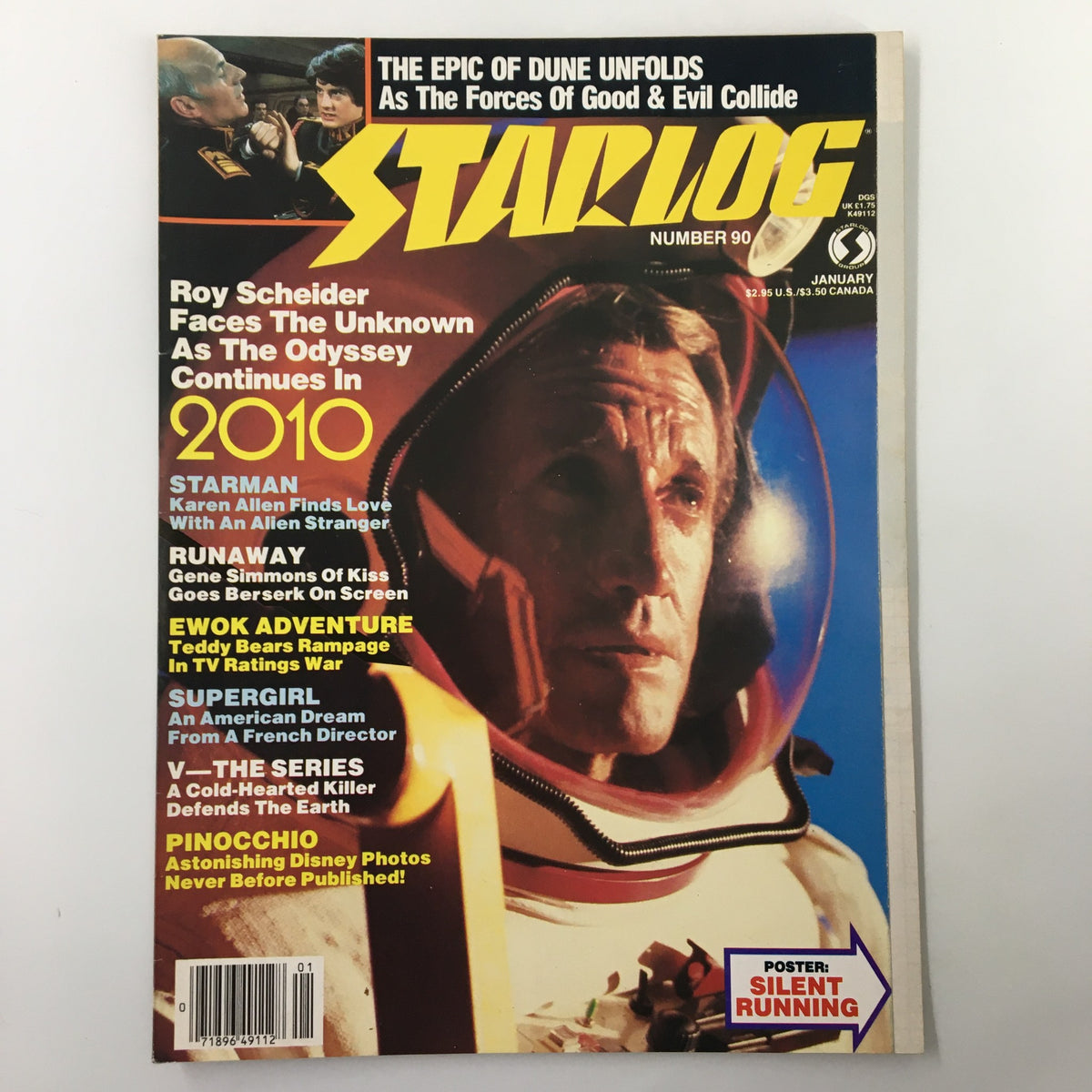 VTG Starlog Magazine January 1985 #90 featuring Roy Scheider on the cover with the title prominently displayed. The cover highlights various sci-fi themes and upcoming films.