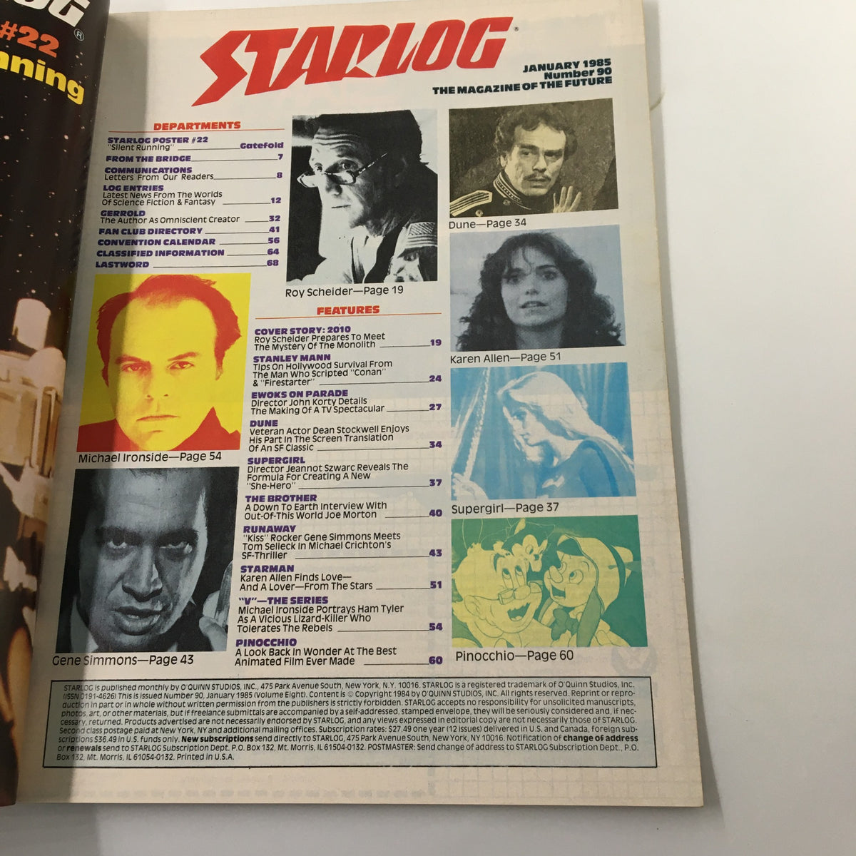 Inside page of VTG Starlog Magazine January 1985 #90, showcasing the table of contents. Includes features on Roy Scheider, Dune, Karen Allen, and other classic sci-fi topics.