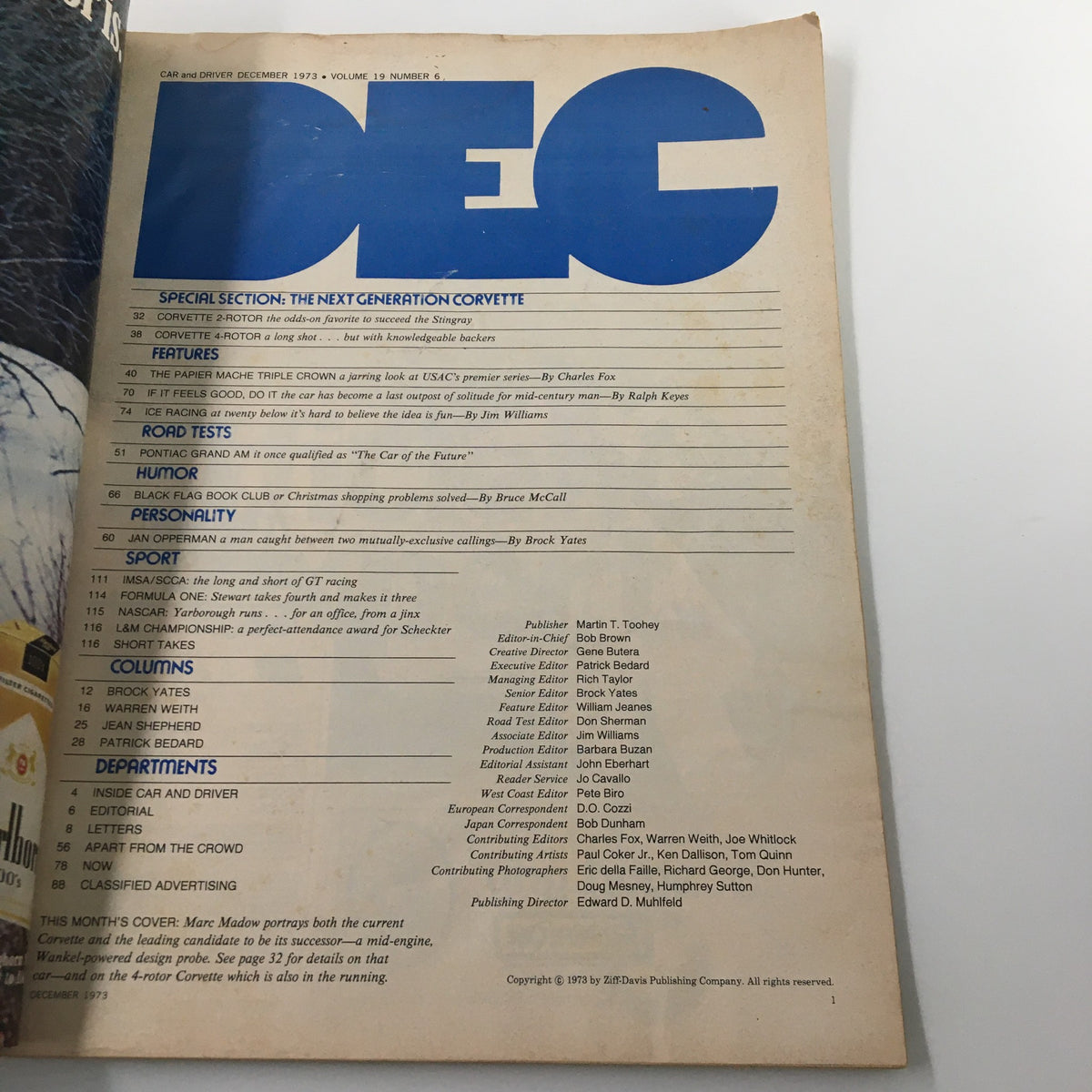 Inside page of VTG Car and Driver December 1973 Wankel-Powered Corvette magazine, highlighting the table of contents and articles related to the next generation Corvette.