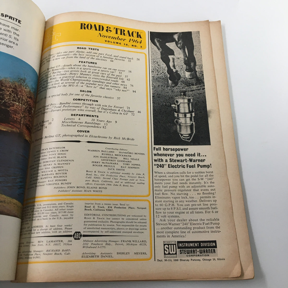 Inside page of the VTG Road and Track Magazine November 1964 displaying magazine content including articles, road tests, and automotive features.