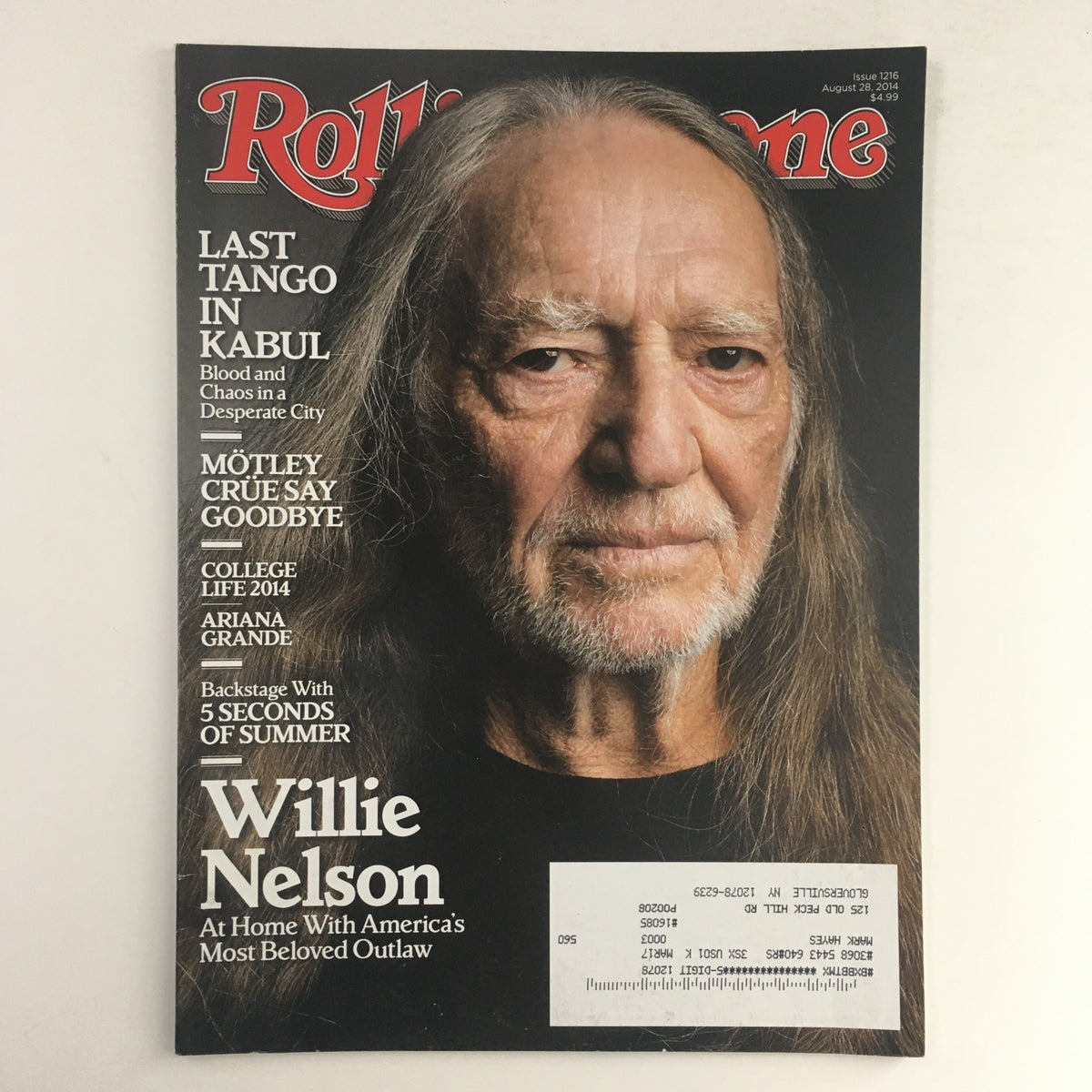 Cover of Rolling Stone Magazine from August 28, 2014, featuring Willie Nelson, with mentions of Mötley Crüe and Ariana Grande, representing a significant moment in music history.