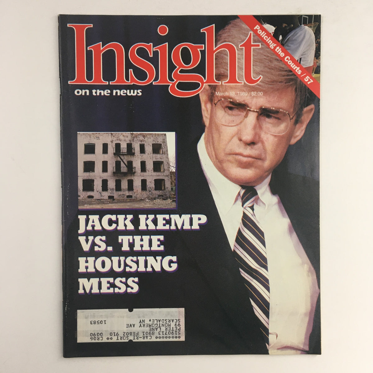 Cover of Insight On The News Magazine March 13 1989 featuring Jack Kemp and the headline 'Jack Kemp vs. The Housing Mess'. The image captures a serious mood with a photograph of a deteriorating building alongside a portrait of Jack Kemp.