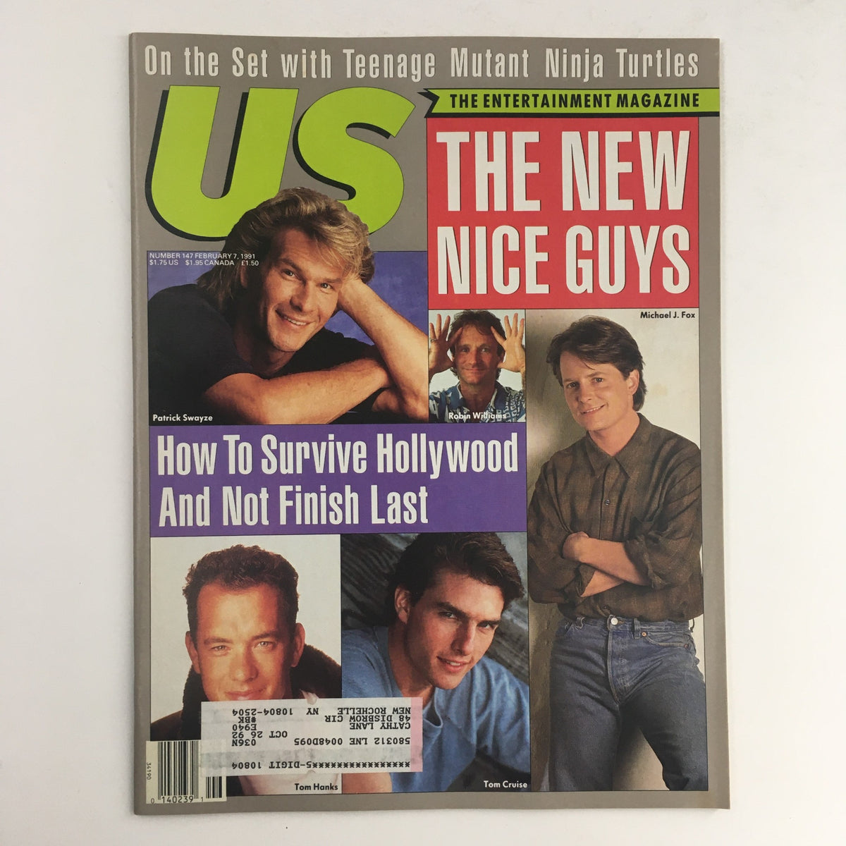 US Magazine #147 featuring Patrick Swayze, Robin Williams, and Michael J. Fox on the cover from February 7, 1991. The vintage issue showcases the popular actors of early 90s Hollywood, reflecting the entertainment culture of that era.