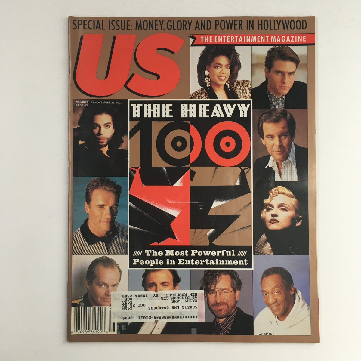Cover of US Magazine #142 from November 26, 1990, featuring iconic celebrities including Oprah Winfrey, Prince, Madonna, and Tom Cruise, highlighting 'The Heavy 100: The Most Powerful People in Entertainment'.