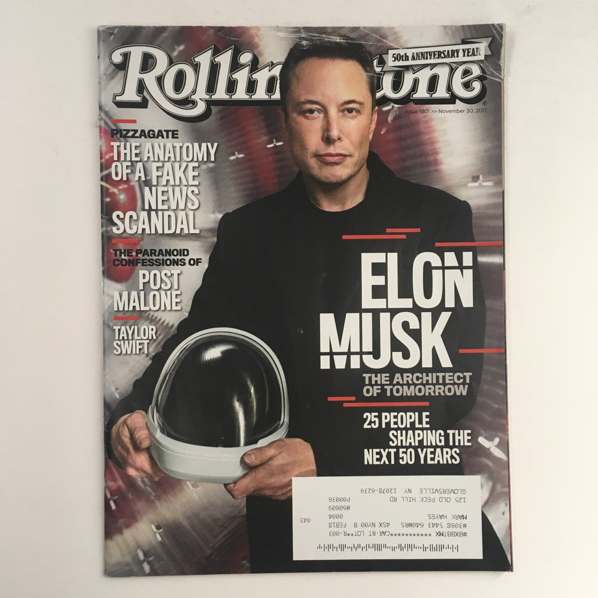 Cover of Rolling Stone Magazine from November 30, 2017, featuring Elon Musk with a space helmet, alongside highlights on Post Malone and Taylor Swift, titled 'Elon Musk: The Architect of Tomorrow'.