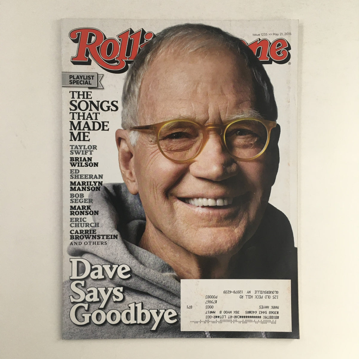 Cover of Rolling Stone Magazine May 21 2015 featuring David Letterman, Taylor Swift, and Brian Wilson, showcasing David Letterman with glasses and the headline 'Dave Says Goodbye'.