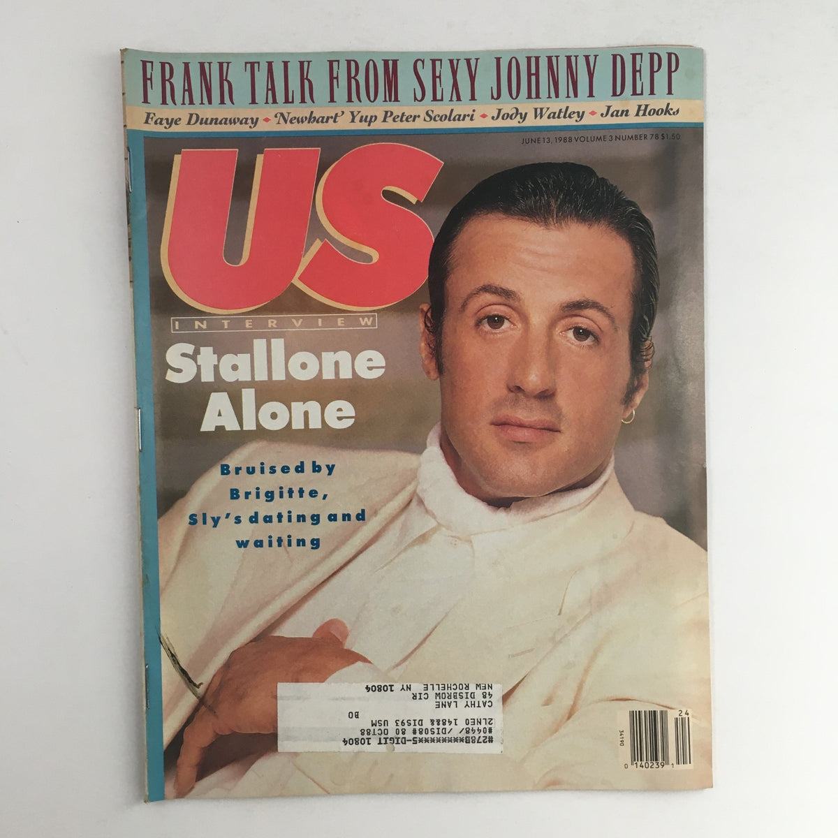 Cover of US Magazine Vol 3 #78 from June 13, 1988, featuring Sylvester Stallone with a headline about his interview titled 'Stallone Alone'. Includes mentions of Faye Dunaway and Johnny Depp, capturing a moment in 80s Hollywood.