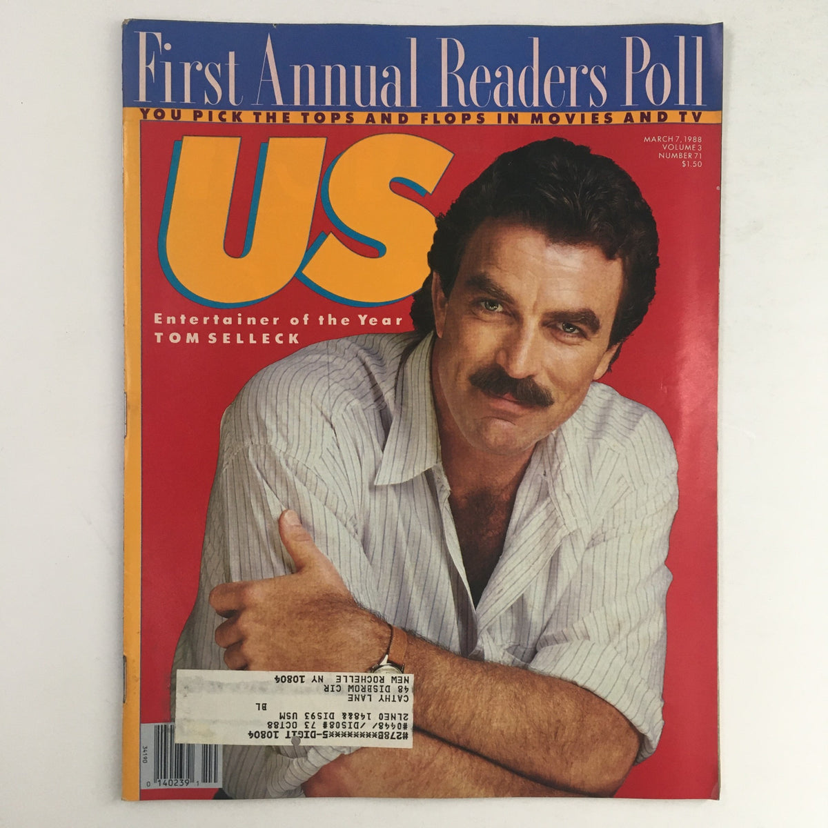 Cover of US Magazine Vol 3 #71 March 7 1988 featuring Tom Selleck as Entertainer of the Year, showcasing his iconic look and style from the late 80s.