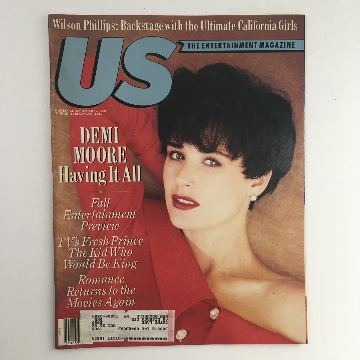 US Magazine #137 cover featuring Demi Moore on the front with the headline 'Having It All'. The magazine includes articles on fall entertainment previews and notable TV shows from September 17, 1990. Good condition with address label.
