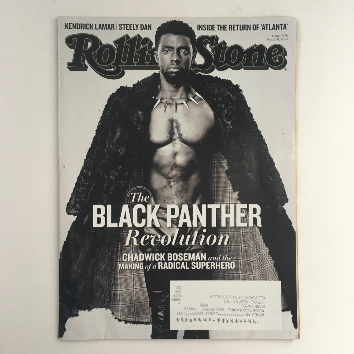 Rolling Stone Magazine March 8 2018 featuring Chadwick Boseman as Black Panther on the cover, highlighting the cultural impact of the film and its themes.