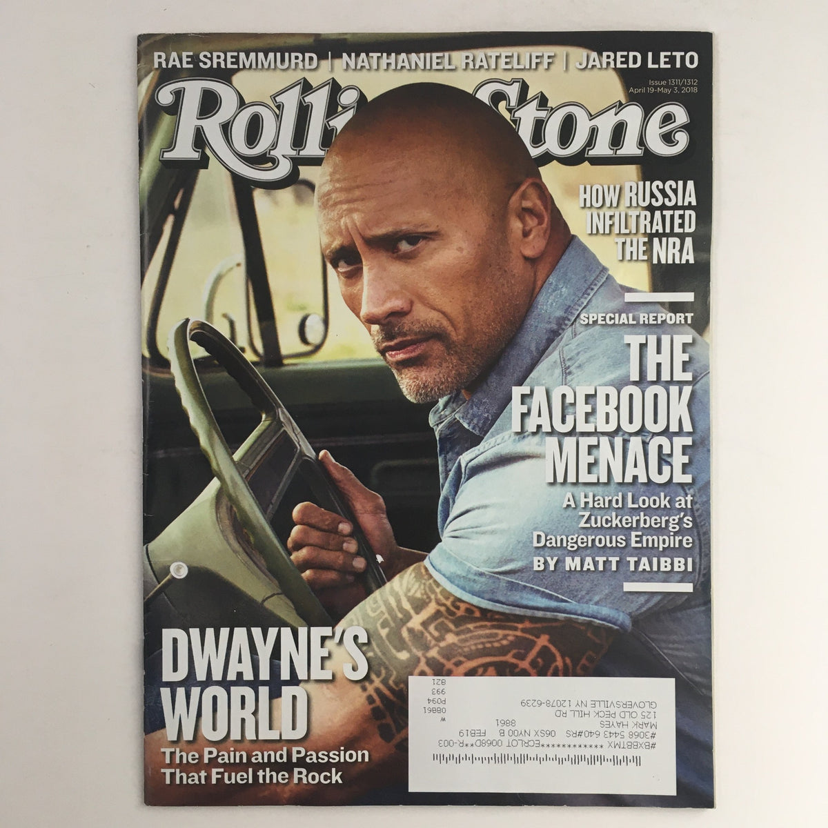 Cover of Rolling Stone Magazine April 19 2018 featuring Dwayne Johnson, Rae Sremmurd, and Jared Leto, highlighting a special report on the influence of social media and cultural icons.