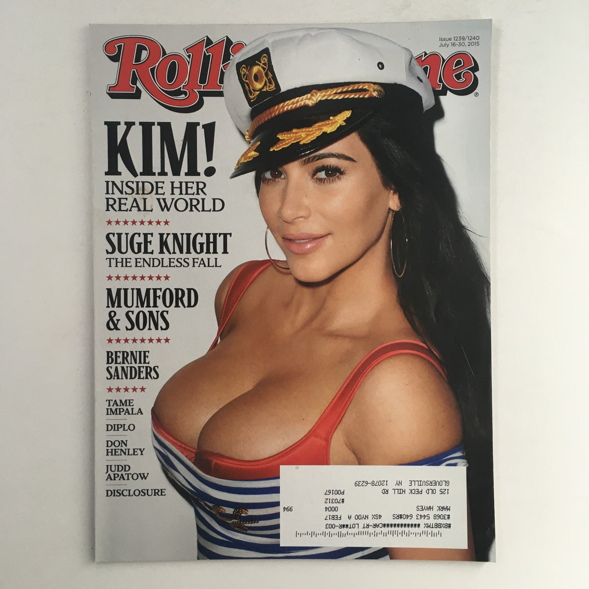 Rolling Stone Magazine cover from July 16, 2015, featuring Kim Kardashian in a sailor hat, along with Suge Knight, Bernie Sanders, and mentions of Mumford & Sons, Diplo, and Disclosure. A collectible vintage magazine capturing contemporary culture and politics.