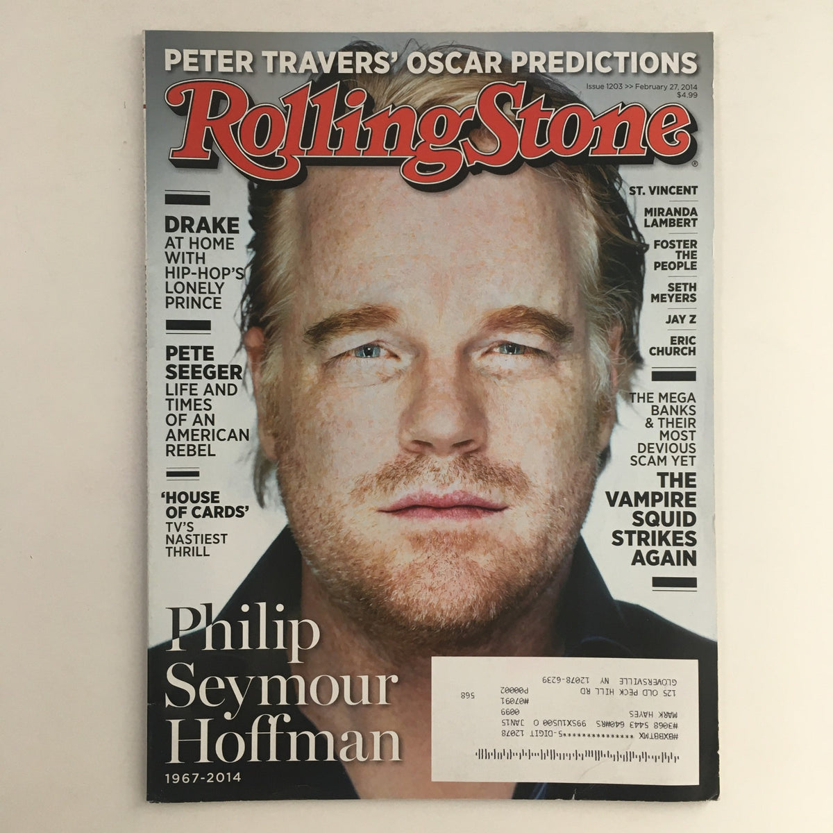 Cover of the Rolling Stone Magazine from February 27, 2014, featuring a tribute to actor Philip Seymour Hoffman, showcasing his portrait and an edition dedicated to his legacy.