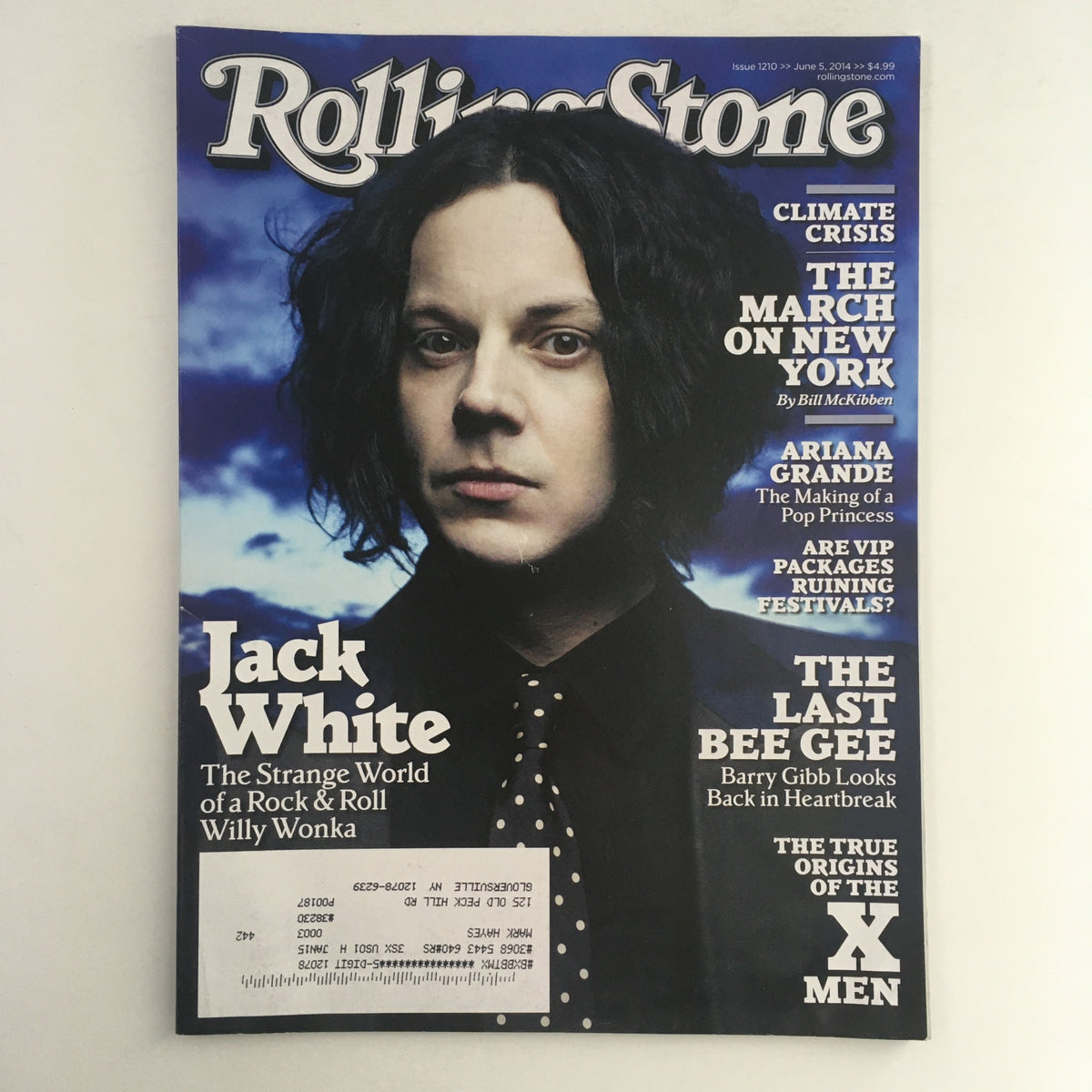 Rolling Stone Magazine June 5 2014 cover featuring Jack White, showcasing his portrait along with text on music topics including Ariana Grande, Barry Gibb, and cultural reflections.