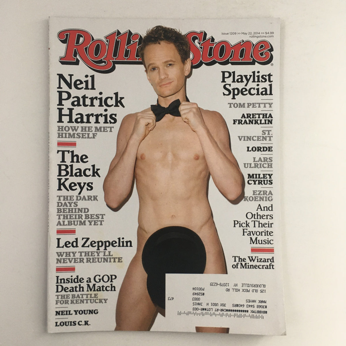 Rolling Stone Magazine cover from May 22, 2014, featuring Neil Patrick Harris in a tuxedo, along with mentions of Led Zeppelin and Lorde, showcasing a vintage collectible music issue.