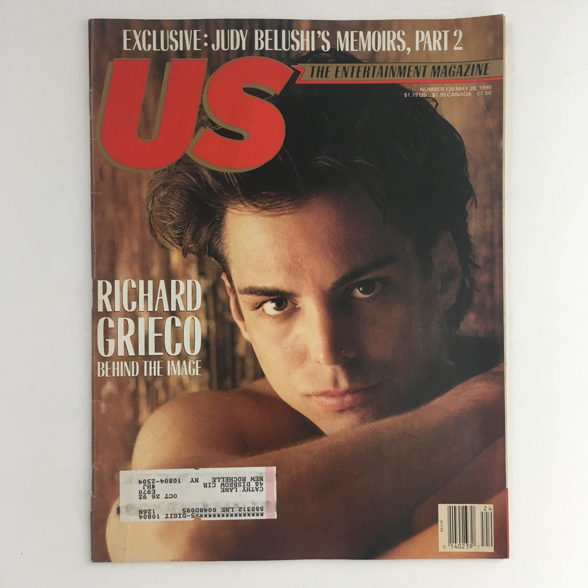 Cover of US Magazine #130 from May 28, 1990 featuring Richard Grieco, highlighting his exclusive interview about Judy Belushi's Memoirs Part 2. The magazine showcases a close-up portrait of Richard Grieco with an intriguing expression.