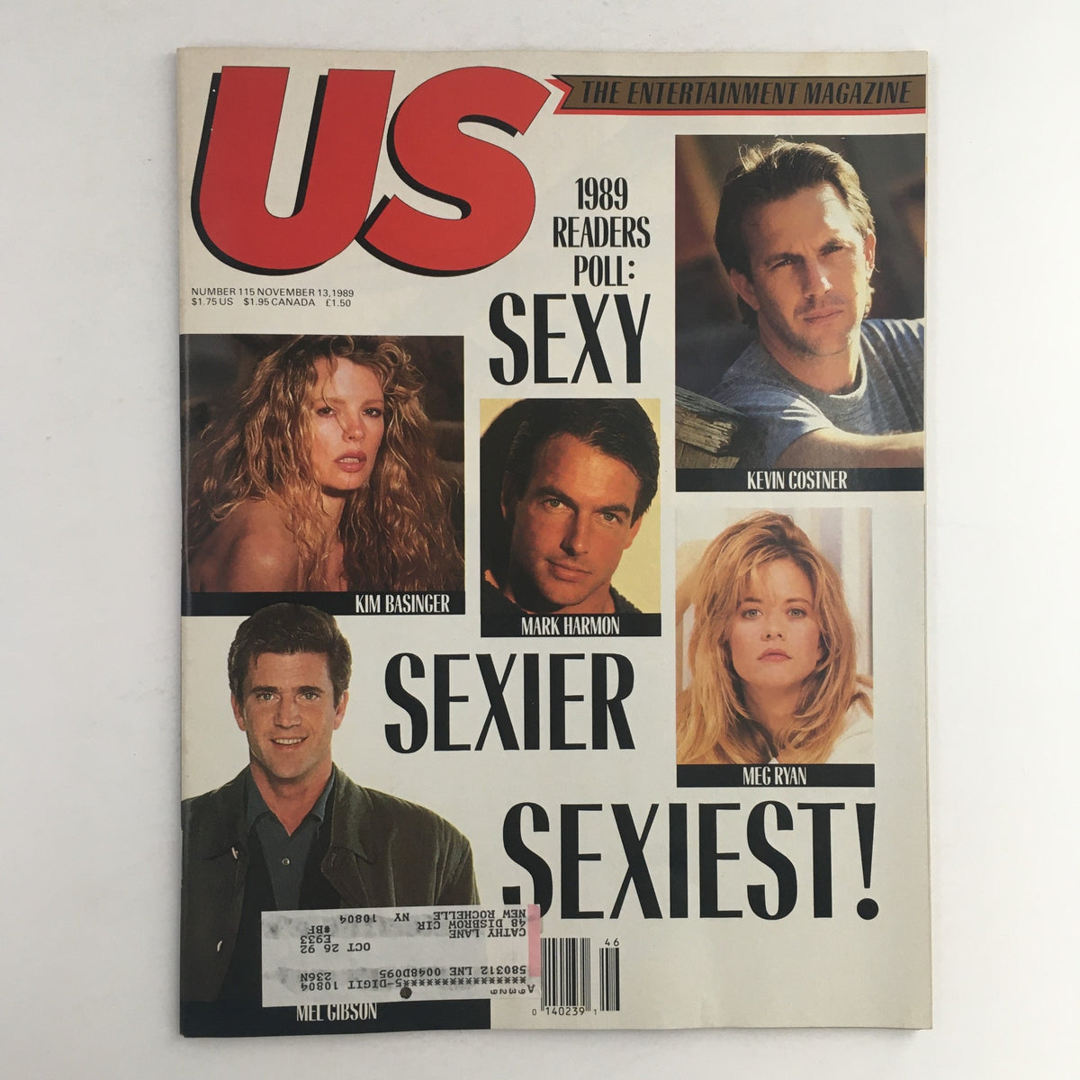 US Magazine #115 Cover – November 13, 1989 featuring Kim Basinger, Mark Harmon, Kevin Costner, and Meg Ryan with bold text highlighting 'Sexy, Sexier, Sexiest!' showcasing iconic celebrities of the late 1980s.