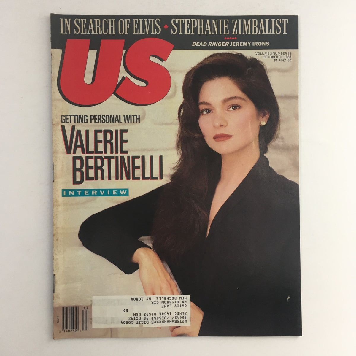Cover of US Magazine Vol 3 #88 featuring Valerie Bertinelli, dated October 1, 1988. The magazine highlights an interview with Valerie Bertinelli, with an additional feature on Stephanie Zimbalist and the topic of Elvis.