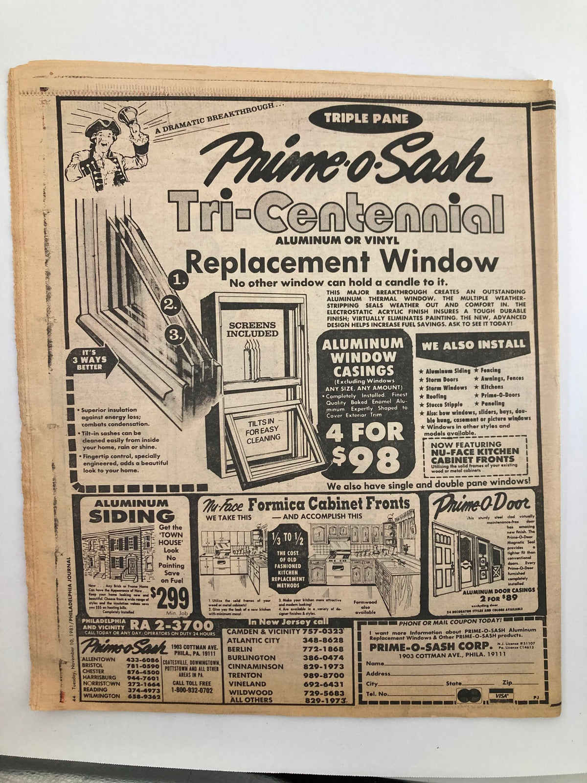 Advertisement page from the Philadelphia Journal Tabloid, showcasing Prime-o-Sash Tri-Centennial replacement windows and other home improvement offers from November 10, 1981.