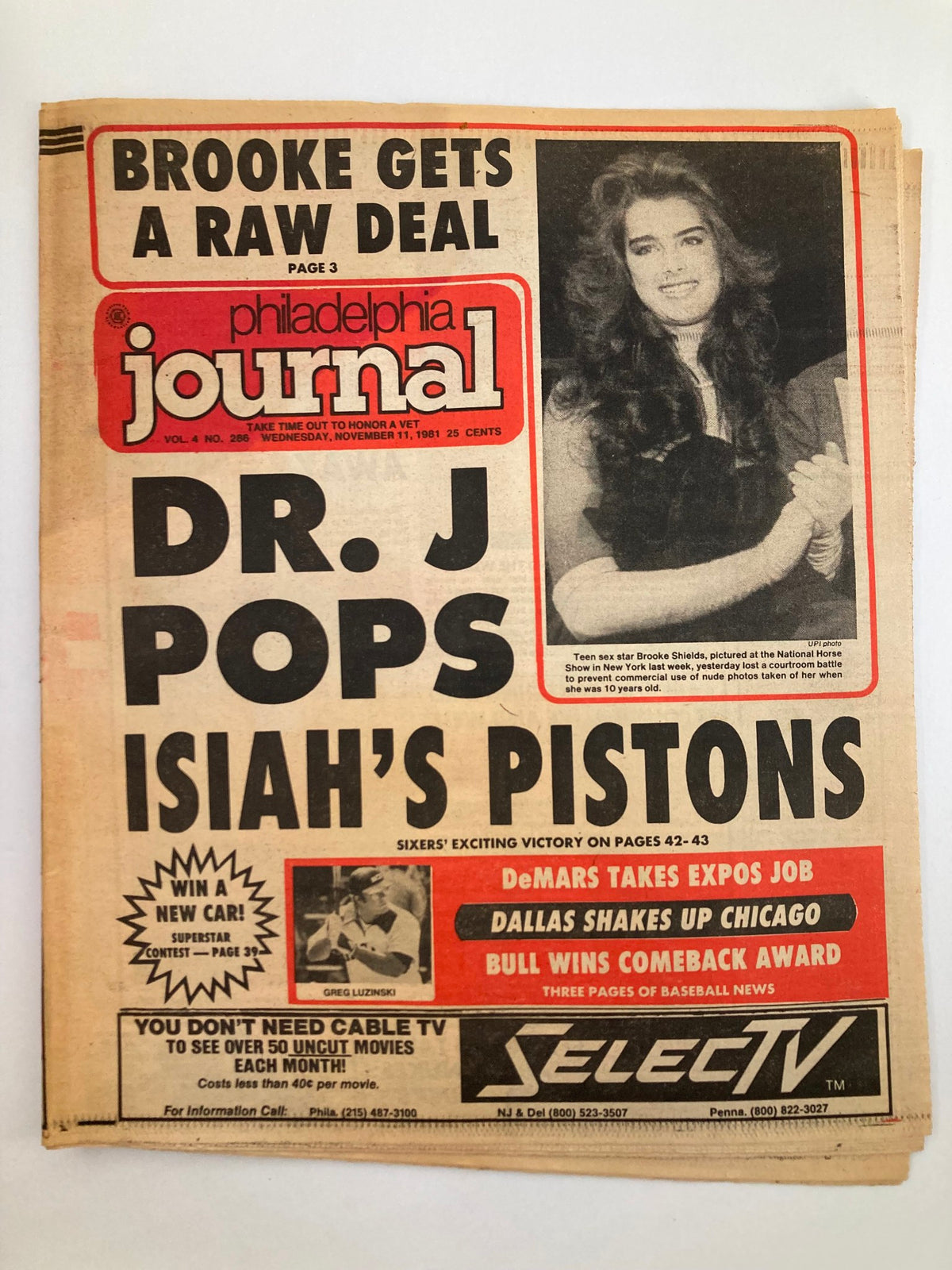 Philadelphia Journal Tabloid November 11, 1981, Vol 4 #286 featuring Brooke Shields on the cover with the headline 'Brooke Gets A Raw Deal'. The cover highlights pop culture from the early 1980s.