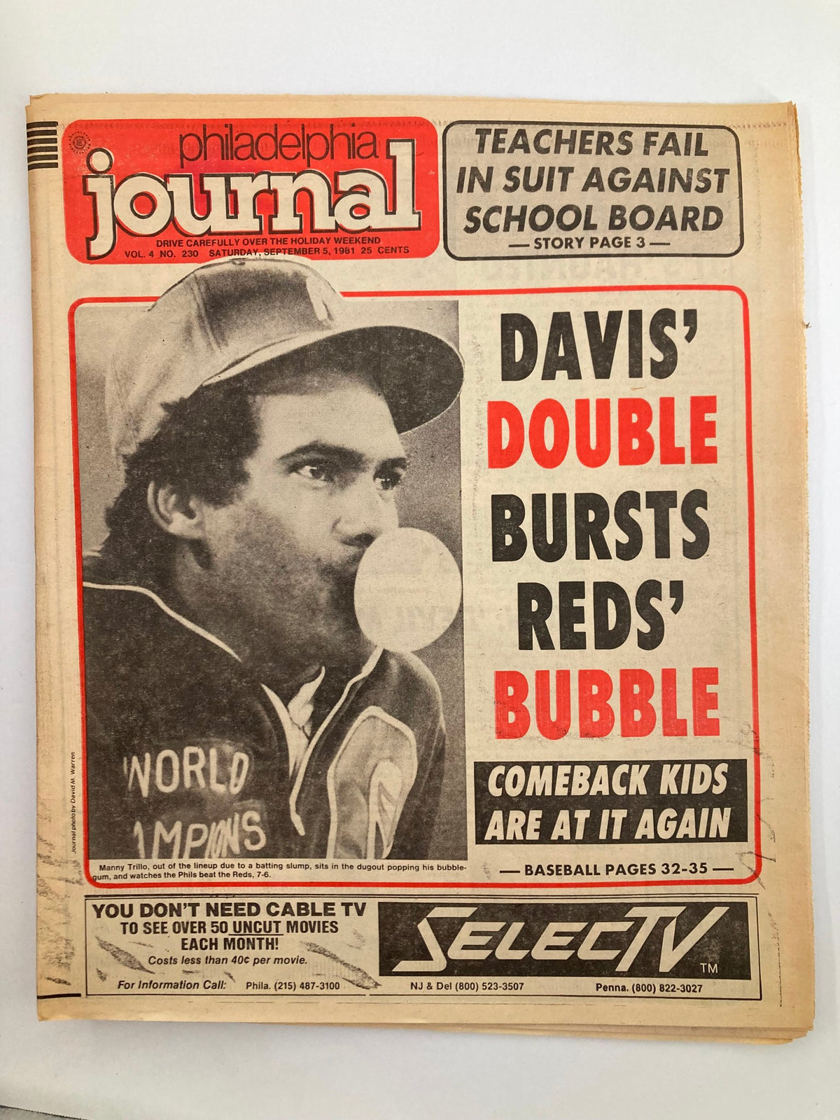Philadelphia Journal Tabloid from September 5, 1981, featuring MLB Phillies player Manny Trillo on the cover, showcasing sports news and updates.