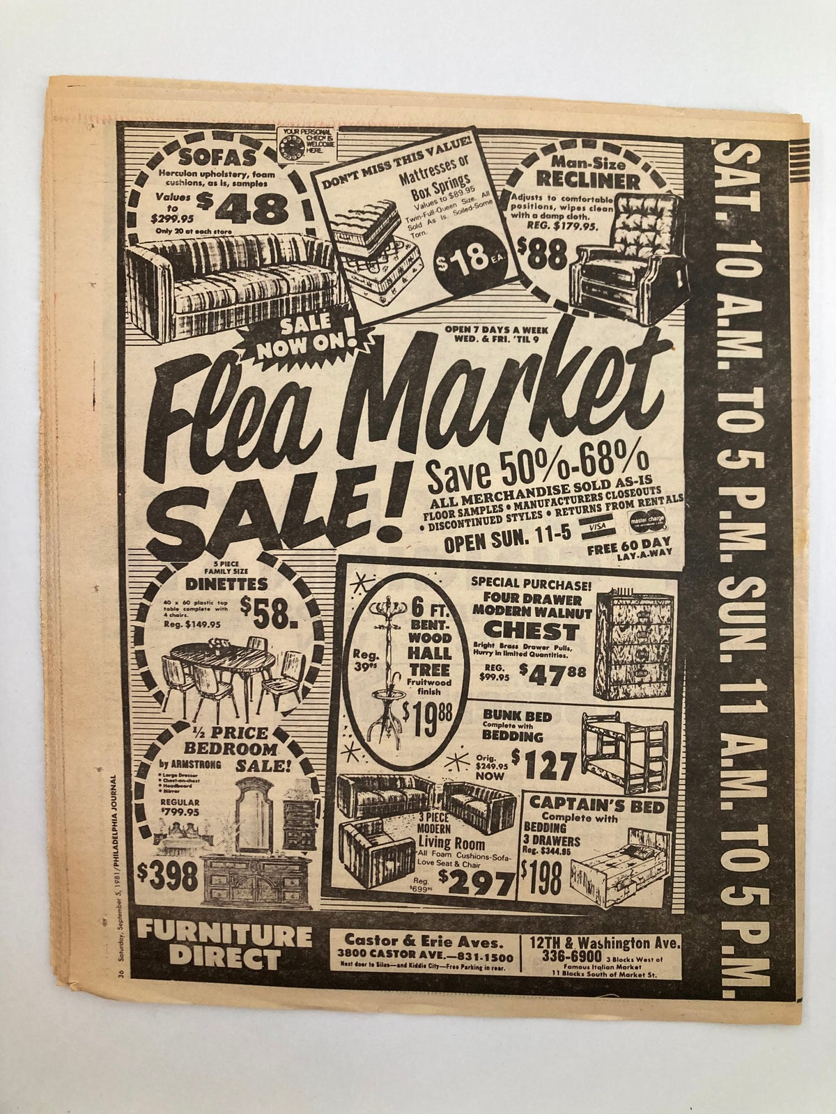 Vintage advertisement for a Flea Market Sale, highlighting various furniture items with significant discounts, featured in the Philadelphia Journal Tabloid.