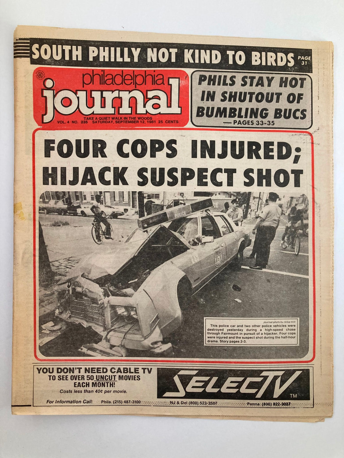 Philadelphia Journal Tabloid September 12 1981 Vol 4 #235 features headline 'Four Cops Injured; Hijack Suspect Shot' with an image of a damaged police vehicle from the incident.