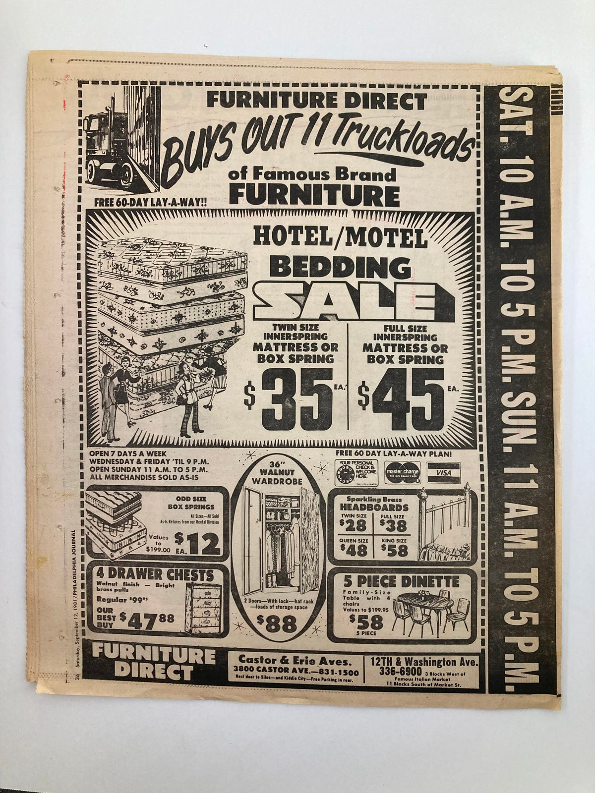 Philadelphia Journal Tabloid September 12 1981 Vol 4 #235 includes a promotional advertisement for Furniture Direct featuring various bedding and furniture sale offers.