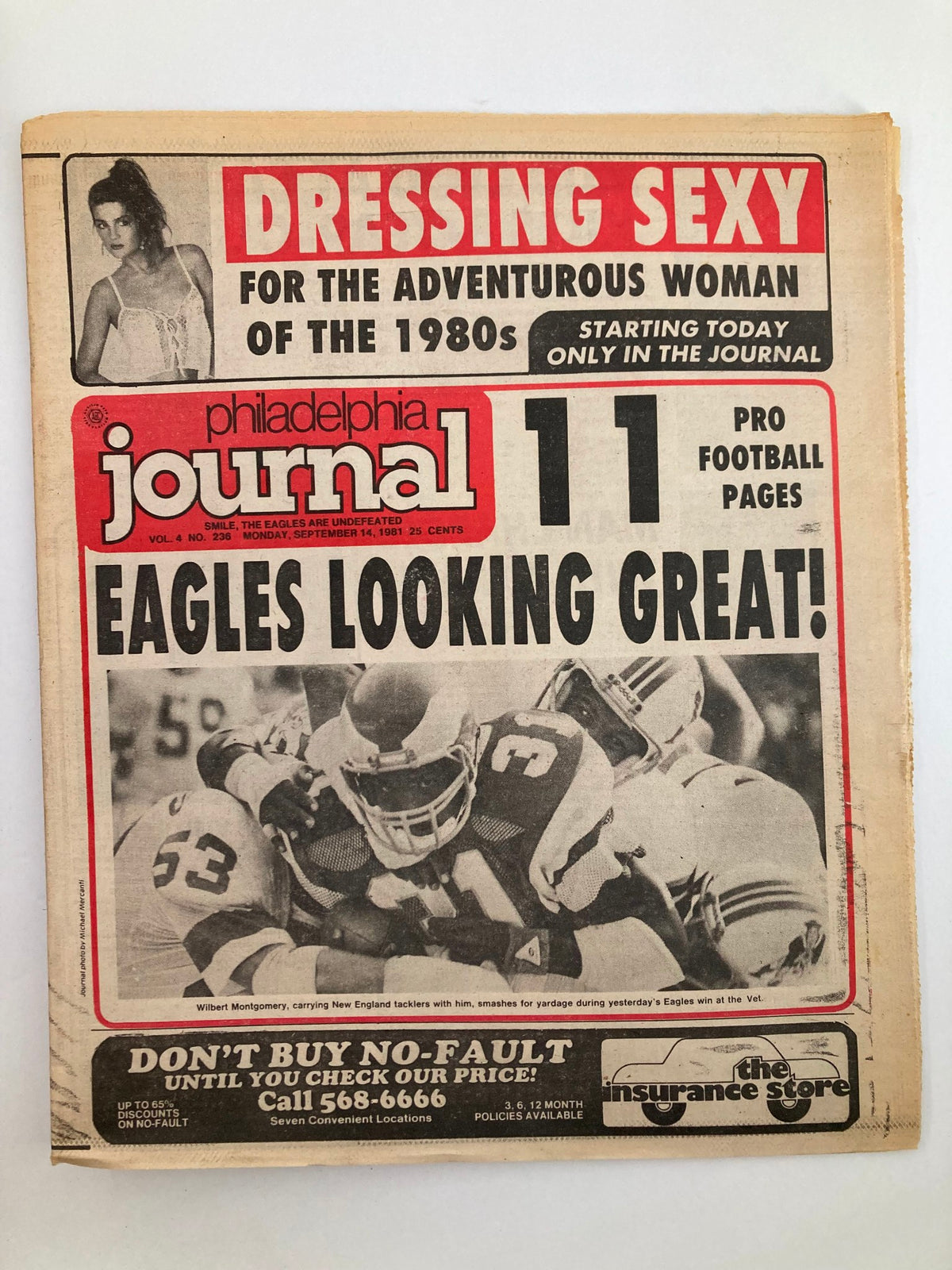 Philadelphia Journal Tabloid dated September 14, 1981 featuring NFL Eagles with Wilbert Montgomery; cover headlines include 'EAGLES LOOKING GREAT!' and '11 PRO FOOTBALL PAGES'.