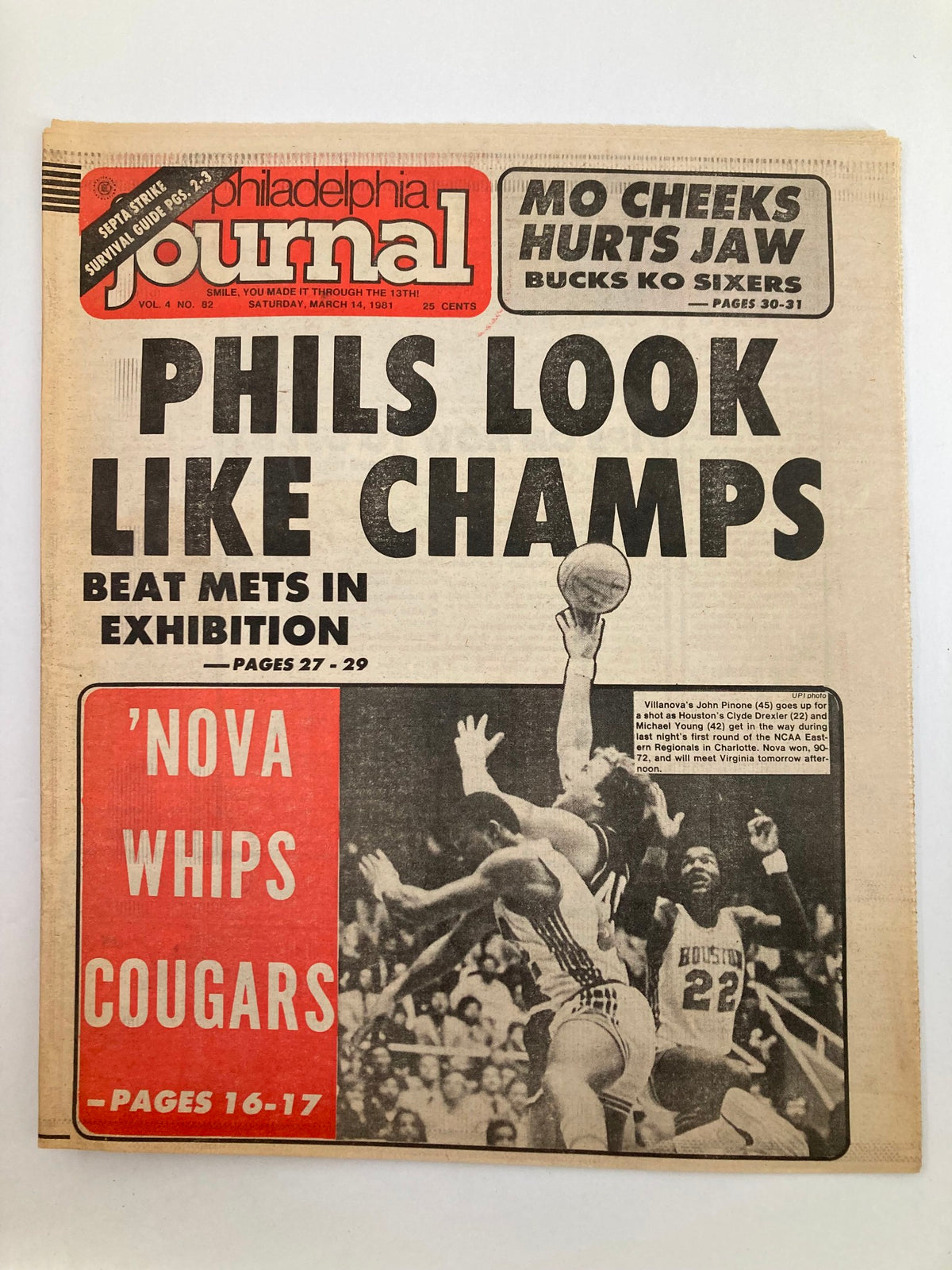 Philadelphia Journal Tabloid March 14 1981 Vol 4 #82 featuring Villanova's John Pinone and a headline 'PHILS LOOK LIKE CHAMPS' with sports coverage, in good condition with minor wear, protected in plastic.