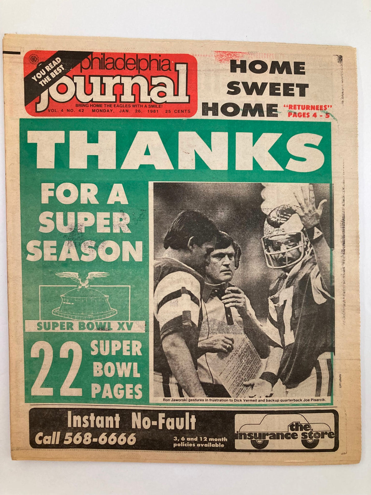 Philadelphia Journal Tabloid January 26 1981 NFL cover featuring Ron Jaworski and Dick Vermell, celebrating a successful Super Bowl season with a bold headline 'THANKS FOR A SUPER SEASON' and showcasing Super Bowl XV details.