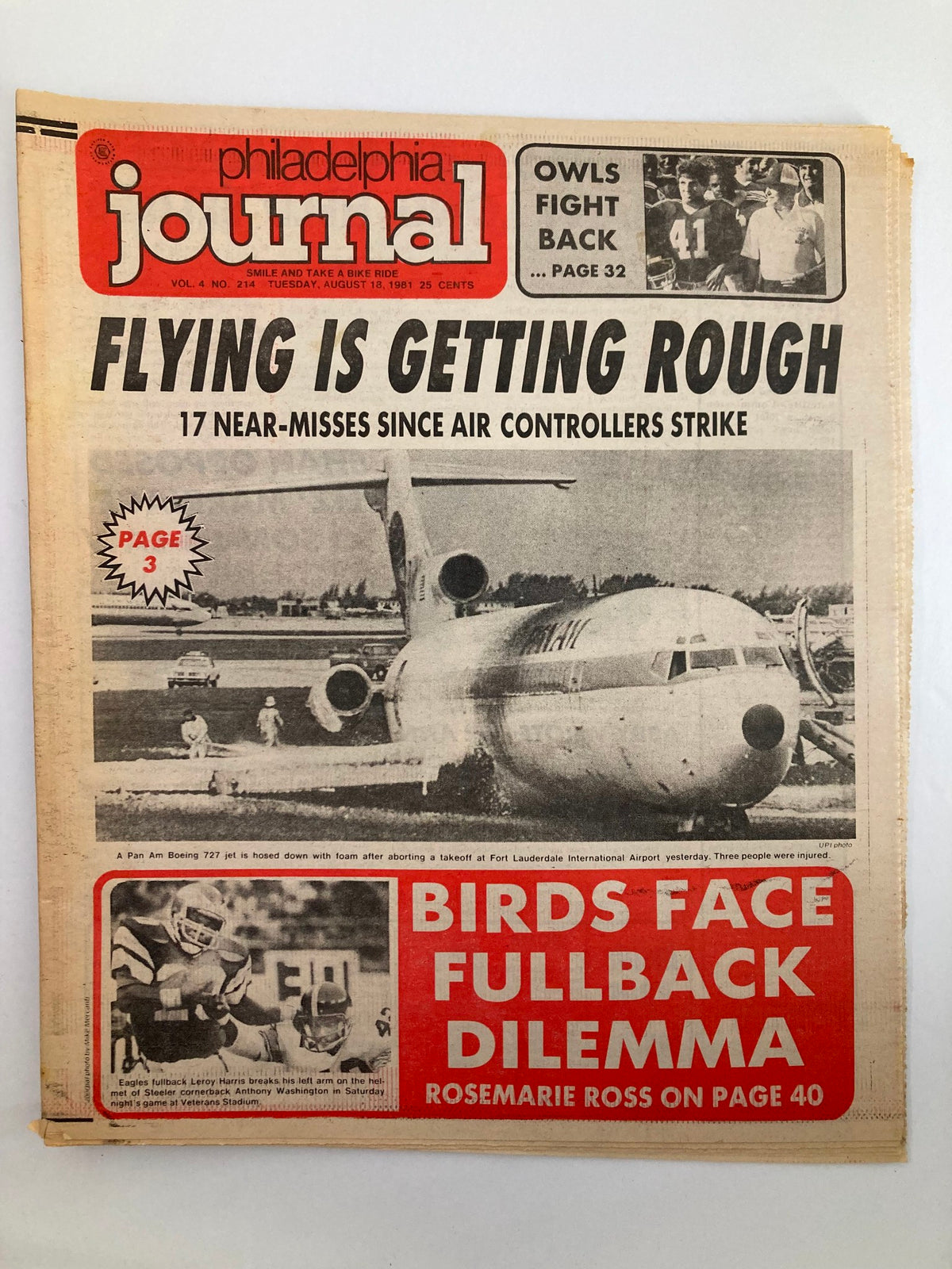 Philadelphia Journal Tabloid August 18 1981 Vol 4 #214 featuring the headline 'Flying Is Getting Rough' with an image of an airplane, covering topics such as near-misses since air controllers strike.