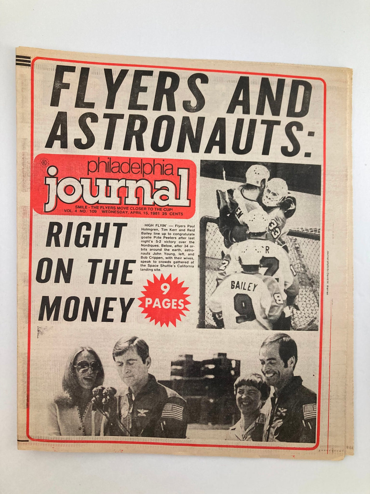 Philadelphia Journal Tabloid dated April 15, 1981, showcasing NHL Flyers player Paul Holmgren, with a headline featuring 'Flyers and Astronauts' and images of hockey players celebrating.